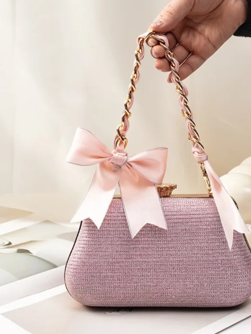 Elegant Pink Bow Top-Handle Women's Bag